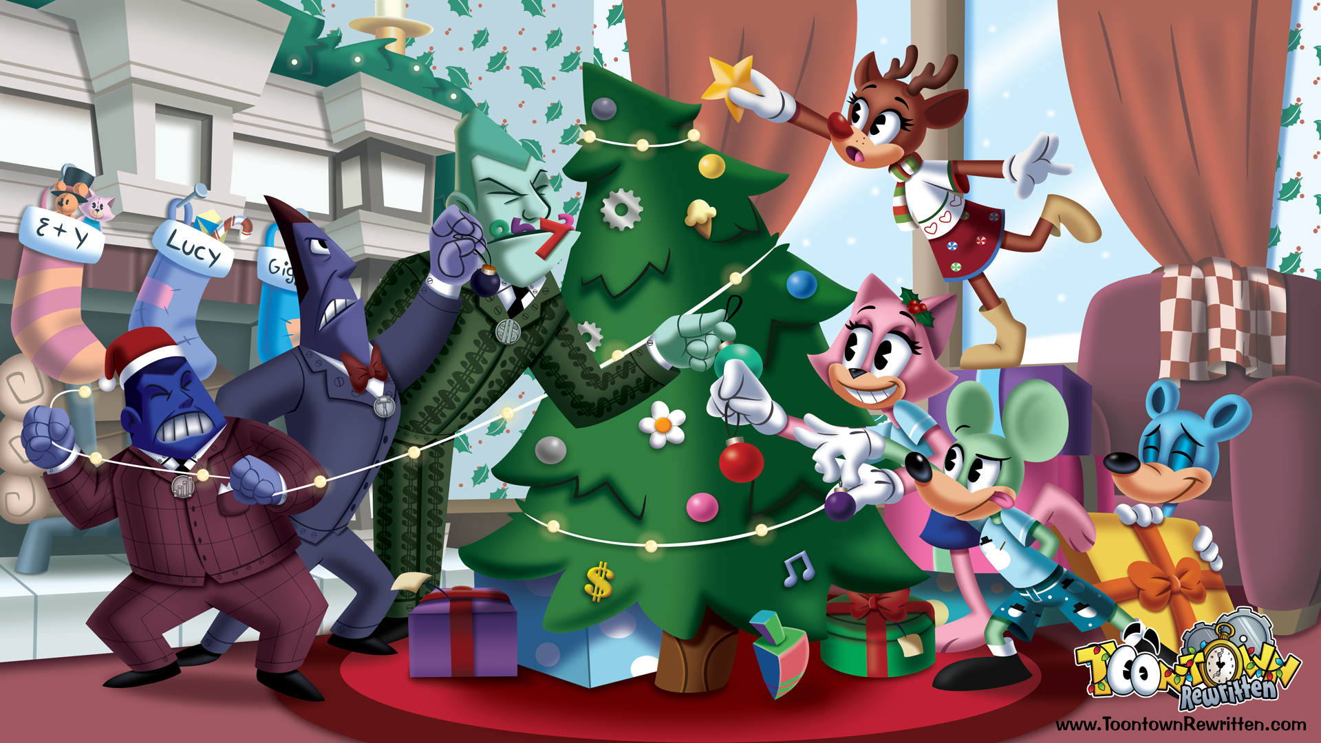 Image: Toontown Holiday Wallpaper. Toons and Cogs are decorating the gag tree for Winter Holidays!